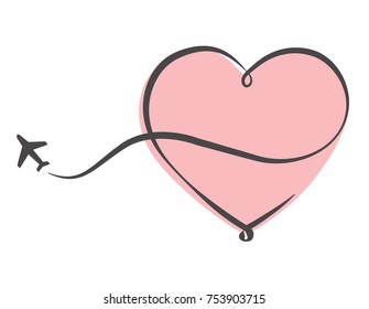Line-art pink heart with plane. Love to travel.