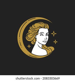 Lineart portrait mystic woman at golden half moon surrounded by space stars minimalist icon for beauty salon vector illustration. Elegant female face with long hair. Romantic abstract contour logo