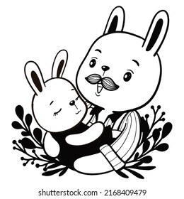Lineart rabbit father with baby.