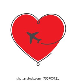 Line-art red heart with plane. Love to travel.