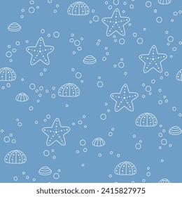 Lineart seamless vector pattern with sealife theme doodle elements. Underwater background for kids room decor, nursery art, wrapping paper, textile, fabric, wallpaper, gift, print, packaging, apparel.