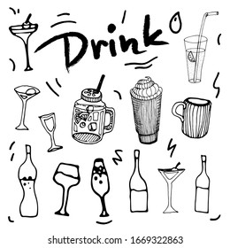 Lineart set of a drink ware, a lemonade,a glass of wine, a mug, a martini glass, a coffee. Doodle set of hand drawn black icons isolated on white background. For restaurant, cafe interior design.