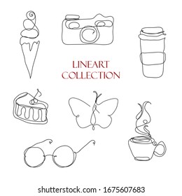 Lineart. Set of modern illustrations. Continuous line, vector illustration. Ice cream, coffee, cake, butterfly, glasses, summer