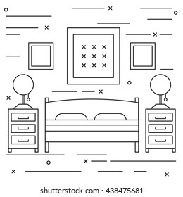Lineart simple flat bedroom black and white illustration 