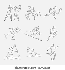 Line-Art Sports Figures. Simple vector figures of a sportsmans pictured in line-art style. Sports: Boxing, Wrestling, Tennis, Speed Skating, Slalom, Athletics, Canoeing, Waterpolo, Football/Soccer