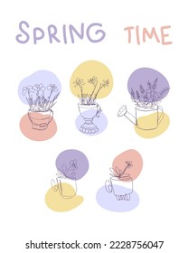 Lineart spring flowers crocuses, lavender, daffodils, daisy and pansy poster. Hand drawn vector illustration for decor and design.



