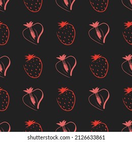 Ilustración de patrones sin fisuras del vector de fresa lineal. Fondo de frutas. Fondo lineal dibujado a mano.