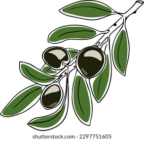 Lineart style black olives on branch with green leaves black outline isolated on white background