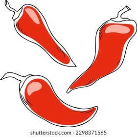 Lineart style set of three red chili peppers black outline on white background