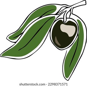 Lineart style single black olive on branch with green leaves isolated on white background