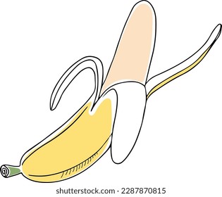 Lineart style vector single banana half peeled black outline on white background isolated