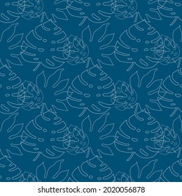 Line-art tropical seamless pattern on blue background. Palm leaves backdrop, simple vector texture.