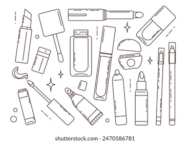 Lineart of various lipstick set. Collection of stickers  lip color, balm, gloss, cosmetics. Vector flat illustration.