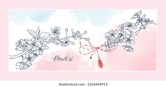 Lineart vector cherry blossoms branch with red and white Martisor string on pastel watercolor background. The font is Birthstone Bounce.