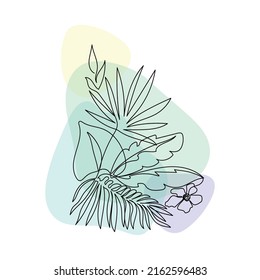 lineart vector, composition of tropical leaves on a colored background