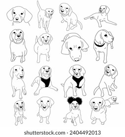 Lineart vector details dogs doodles set. Vector illustration on white background