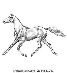 Ilustración vectorial lineal del caballo negro Akhal-Teke corriendo.