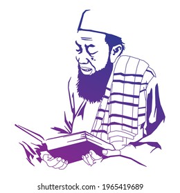 lineart vector of an old Muslim reading the quran