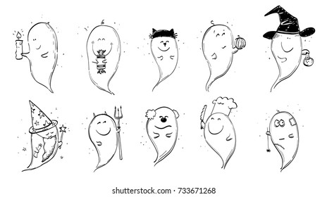 Line-art vector set of ten little cute ghosts in Hallowe'en costumes