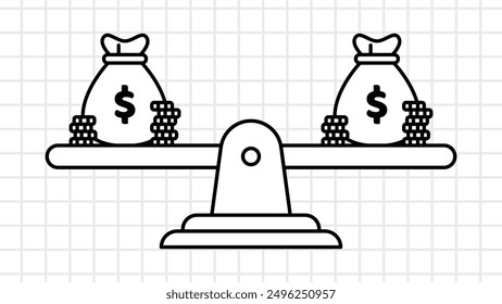 Lineart Whiteboard Vector of Money Bag on a Scale. Depicting a business and financial situation.