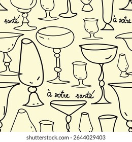 Padrão de vidro de vinho de arte de linha com frases em francês com letras à mão em creme. Funciona bem para os amantes do vinho e temas de bar retro. Use para projetos de papelaria digital, papel de embrulho ou branding.