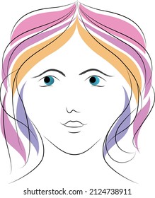 Lineart of woman face looking at the camera isolated. Beautiful girl face with colorful short hair outlined for women's day, girl cartoon and hair color ads. 