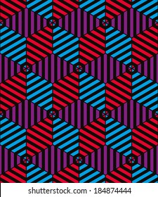 Lined 3d cubes seamless pattern, geometric vector background.