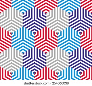 Lined 3d cubes seamless pattern, geometric vector background.