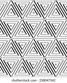 Lined 3d cubes seamless pattern, black and white vector background.