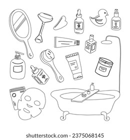 Lined Bathroom accessories and furniture. Bath element Quartz roller, brush scrub, bath, mirror, Cream, Sheet Mask, Aromatic Candle.