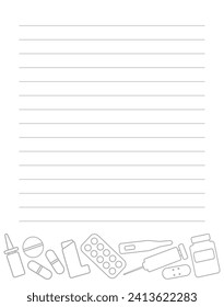 Lined blank page decorated with pharmacy items. Vector illustration. Copy space.