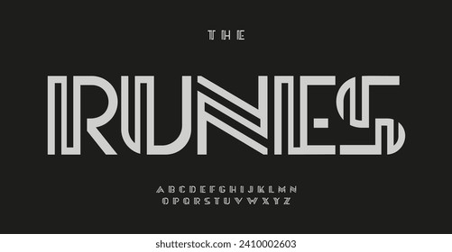 Lined blocky font, innovative geometric alphabet for modern logo, architectural headline, business typography. Monolithic luxurious geometrical style for urban futuristic designs. Vector maze typeset.