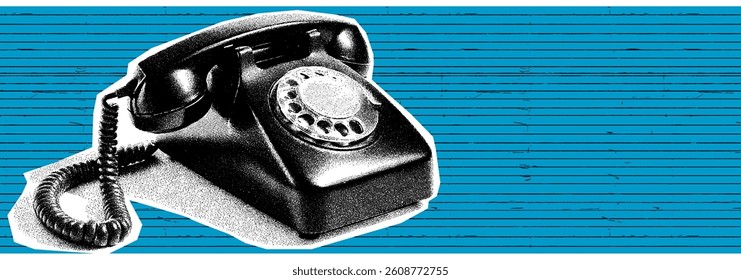  Lined blue background with retro phone collage art — a vintage-style call for attention with bold textures.