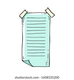 Lined blue notebook page glued to the wall with tape vector illustration in doodle style isolated on white background. Wishlist or office messages note paper.