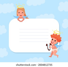 Lined Card with Cute Baby Angels with Nimbus and Wing Vector Template