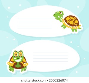 Lined Card with Happy Green Turtle with Shell Vector Illustration