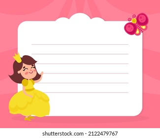 Lined Card with Smiling Girl Princess Wearing Crown and Dressy Look Garment Waving Hand Vector Template