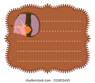 Lined card or sticker with a squirrel in a hollow. Vector illustration.