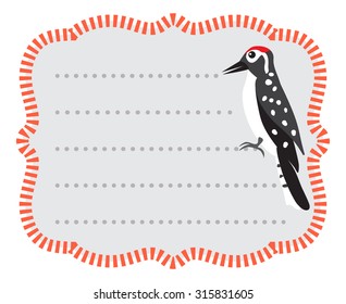 Lined card or sticker with a woodpecker. Vector illustration.