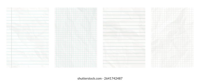 Lined and checkered white paper. Blank crumpled pages of school notebook. Background paper texture