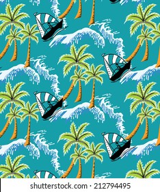 lined of coconut palms with ships on the summer green background.