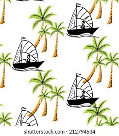 lined of coconut palms with ships on the summer.