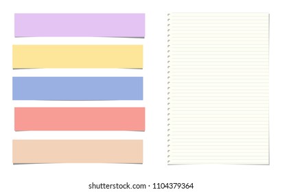 Lined colorful note, notebook paper strips for text stuck on white background. Vector illustration.