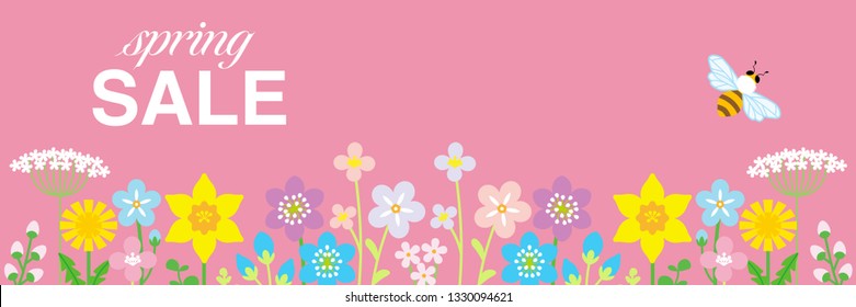 Lined up Colorful Wildflowers and honey bee, including words "spring SALE" - header ratio, pink color background