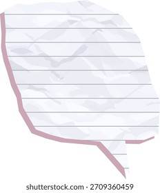 Lined crumpled paper speech bubble with folded texture and offset shadow in flat cartoon style. Notepaper talk shape shows creases, jagged edge, and tail for message space. Cartoon vector illustration