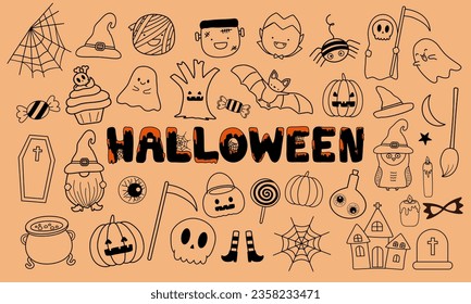 Lined cute hand drawn Halloween elements. Adorable Dracula, mummy, Grim Reaper, Frankenstein, vampire bat, Witch's hat, ghost, spooky castle, skull, funny pumpkins in Halloween collection.