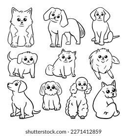 Lined Dog Pet Hand Drawn Illustration. Dog funny sketch. Cute hand drawn adorable puppies, line dog characters playing sitting jumping, pet animals.