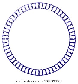 Lined double circle frame grunge textured template. Vector draft element with grainy design and dirty texture in blue color. Designed for overlay watermarks and rubber seal imitations.