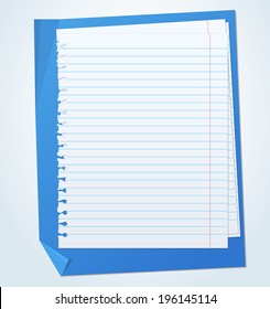 Lined exercise sheets and sheet of blue paper with crumpled edges
