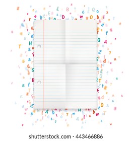Lined and folded paper with numbers and letters on the white background. Eps 10 vector file.